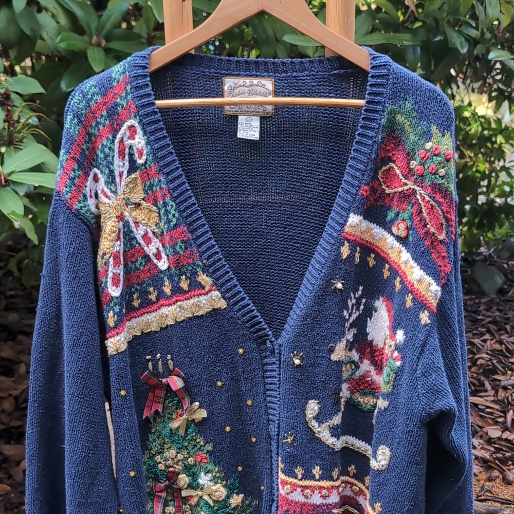 Heirloom Collection Embroided Candy cane Tree Festive Blue Christmas Cardigan